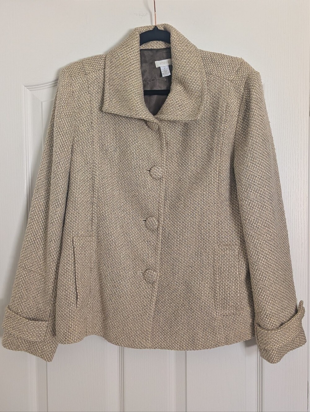 Chico's Metallic Gold Tweed Button Front Jacket Size 2 L Neutral Shimmer